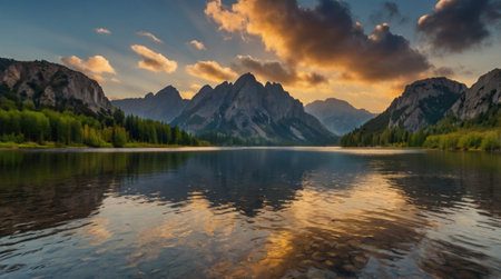 A serene mountain lake at sunset, reflecting the vibrant colors of the sky.の写真素材