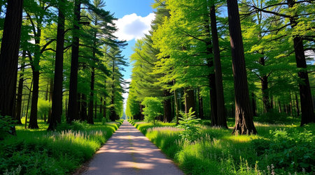 A forest path illuminated by gentle sunbeams filtering through tall pine trees.