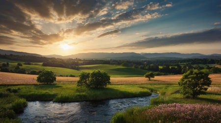 Snow-capped mountains rising above a quiet valley of evergreen forests.の写真素材