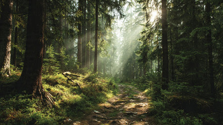 A quiet woodland with fallen leaves carpeting the forest floor.