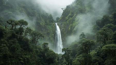 A valley filled with morning fog drifting between tall hills.