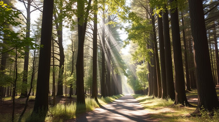 A sunlit forest path under a bright sky with beams of sunlight filtering through the trees.