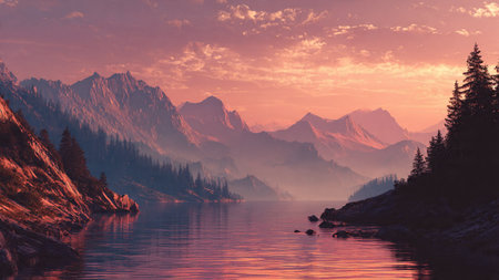 A serene lake reflecting the vibrant colors of the sunset, surrounded by mountains and trees.