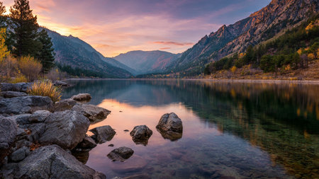 A scenic mountain valley filled with lush foliage and spring blooms.