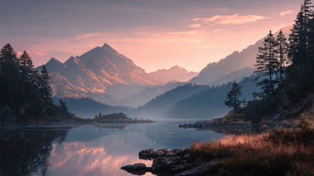 A mountain lake glowing with stunning reflections of nearby peaks.の写真素材