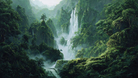 A quiet valley softened with layers of morning fog and gentle sunlight.の写真素材