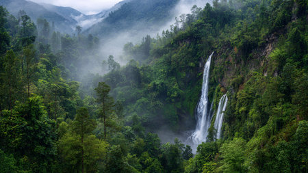 A winding hillside trail offering expansive views of distant valleys.の写真素材
