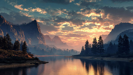 A quiet forest illuminated by golden rays breaking through thick branches.の写真素材