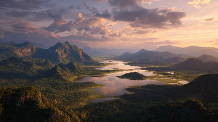 A quiet mountain valley bathed in soft morning light with layers of mist rising gently.