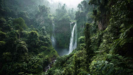 A lush, verdant landscape with cascading waterfalls amidst dense tropical foliage.