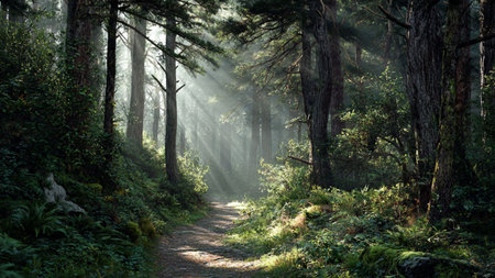 A peaceful woodland stream glistening in warm sunlight.