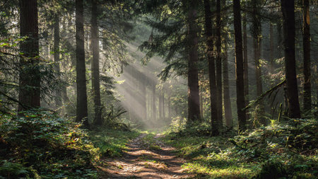 A quiet forest alive with fresh green leaves in early spring.