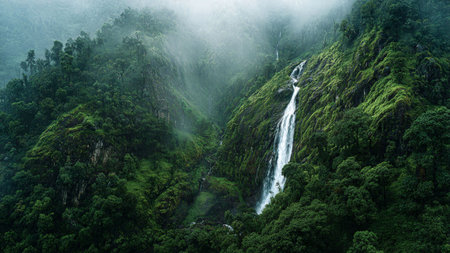 A still river reflecting the deep greens of dense woodland.の写真素材