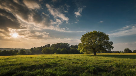 Morning dew covering blades of grass in a wide meadow under soft golden sunlight.
