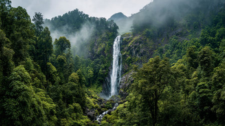 A still mountain lake surrounded by cliffs and soft morning mist.の写真素材