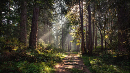 A forest trail blanketed with fallen leaves and framed by tall trees.