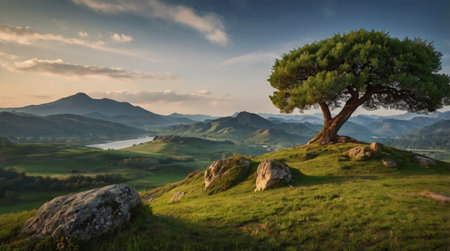 A dramatic mountain ridge standing tall above a valley covered in wildflowers and fresh spring growth.の写真素材