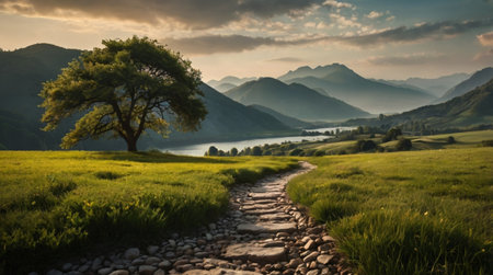 A peaceful river flowing between rocky banks, reflecting the soft glow of the rising sun.の写真素材