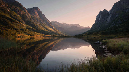 A still mountain lake surrounded by cliffs and soft morning mist.の写真素材