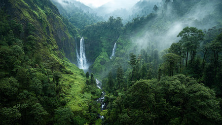 A valley filled with morning fog drifting between tall hills.