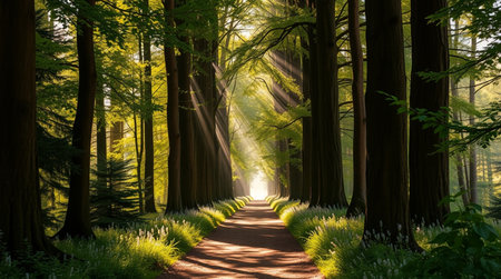 A quiet forest illuminated by golden rays breaking through thick branches.