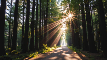 A dense forest glowing with filtered sunlight streaming through tall branches.の写真素材