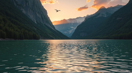 A scenic landscape framed by towering rocky cliffs.の写真素材