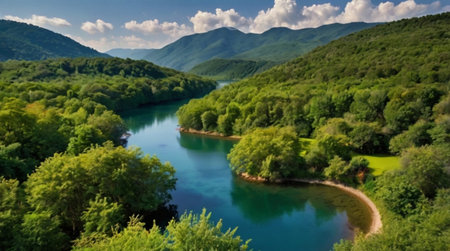 A forest river reflecting the bright green canopy above.