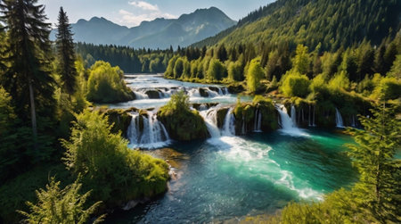 A rocky mountain face rising sharply above a peaceful open field.の写真素材