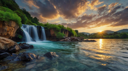 A winding creek glistening as it flows through dense evergreen forest.の写真素材