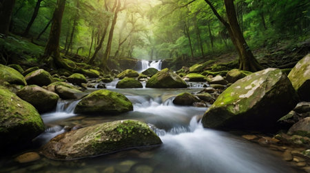 A peaceful valley filled with early morning mist and glowing skies.