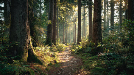A scenic mountain valley filled with lush foliage and spring blooms.