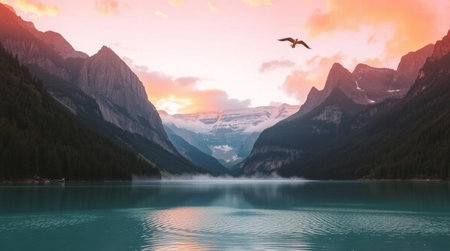 A serene valley wrapped in gentle fog as the first light of day appears.の写真素材