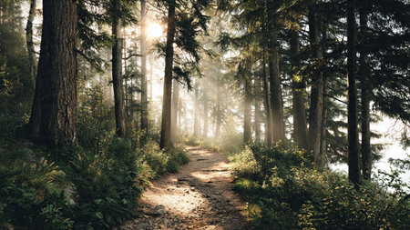 Morning dew covering blades of grass in a wide meadow under soft golden sunlight.の写真素材