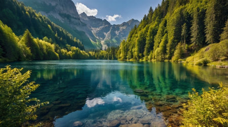 A shimmering pond with crystal-clear water beneath a bright blue sky.