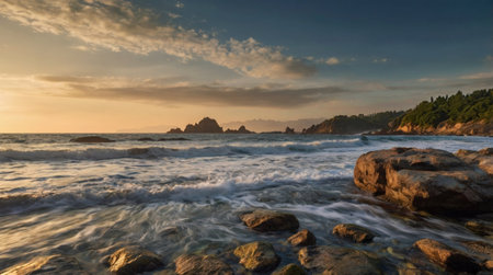 A lush rainforest with tall trees disappearing into swirling mist above.の写真素材