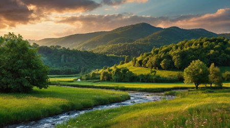 A peaceful hillside dotted with wildflowers in a variety of bright colors.の写真素材