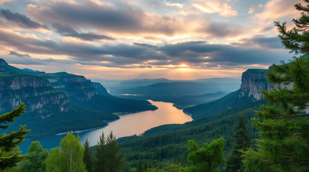 A quiet woodland with fallen leaves carpeting the forest floor.の写真素材