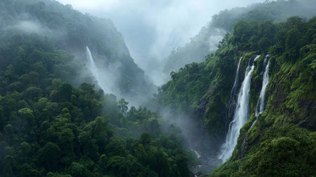 A secluded waterfall hidden deep in a canyon, surrounded by layered rock formations.