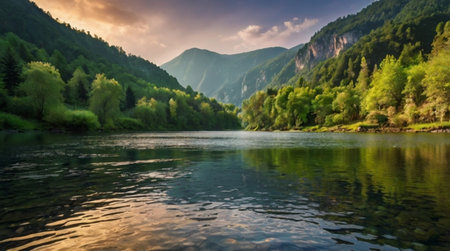 A forest river flowing steadily beneath tall tree canopies.の写真素材
