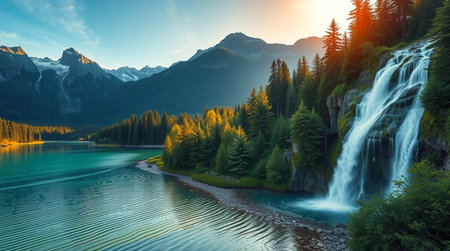A serene lakeside landscape with calm reflections and mountain shadows.