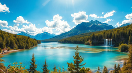 A shimmering river reflecting the colors of a dramatic sunset sky.の写真素材