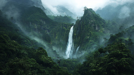 A small, gentle waterfall flowing into a shallow rocky pool.