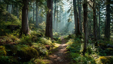 A lush green hillside illuminated by the soft glow of early morning.