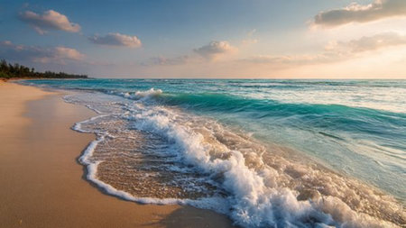 A forest bathed in evening glow with golden rays filtering through leaves.の写真素材