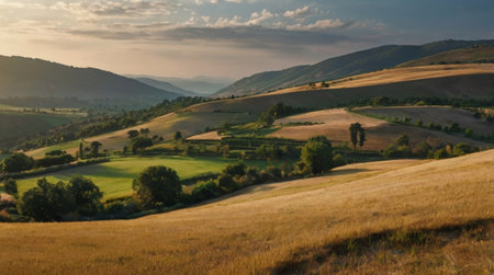 A landscape of rolling hills and valleys with a mix of green and golden fields under a vast blue...