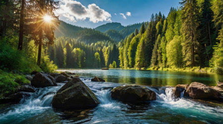 Golden sunlight filtering through tall bamboo stalks, casting long shadows on the forest floor.の写真素材