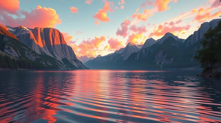 A gentle river gliding peacefully under the shade of large trees.の写真素材