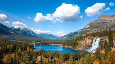 A scenic landscape featuring a serene lake with a cascading waterfall, surrounded by lush forests...