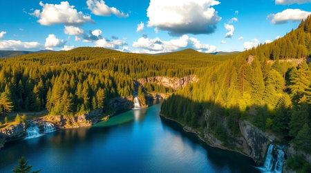 A crystal-clear river flowing between steep rocky cliffs.の写真素材